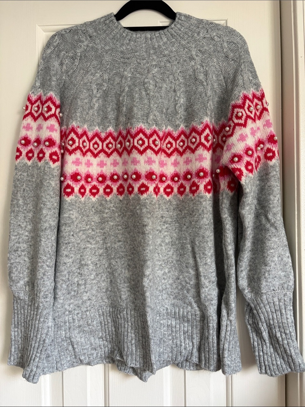 St. John's Bay Grey Sweater with Pink & Red Fair Isle Yoke